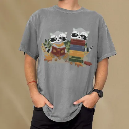 Pagewings Two Raccoons with Books Unisex Washed T-shirt