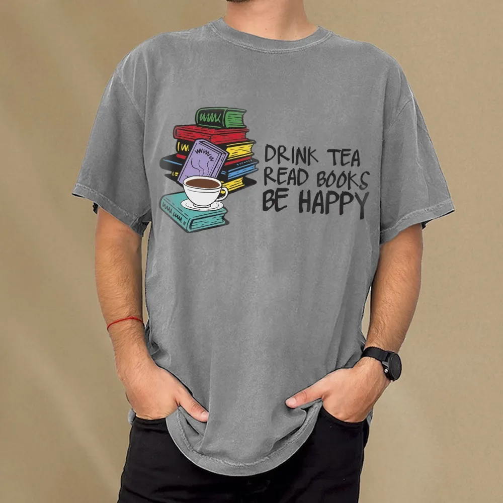 Pagewings Drink Tea Read Books Be Happy Unisex Washed T-shirt