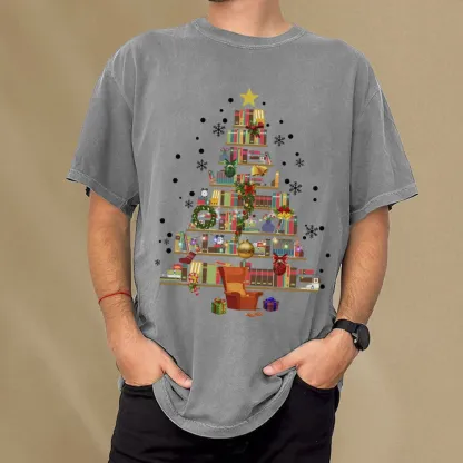 Pagewings Christmas Tree Made Of Books Unisex Washed T-shirt