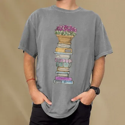 Pagewings Flower Pot and Books Unisex Washed T-shirt