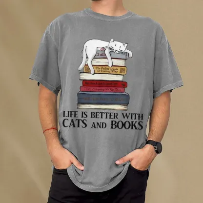Pagewings Life Is Better With  Cats And Books Unisex Washed T-shirt