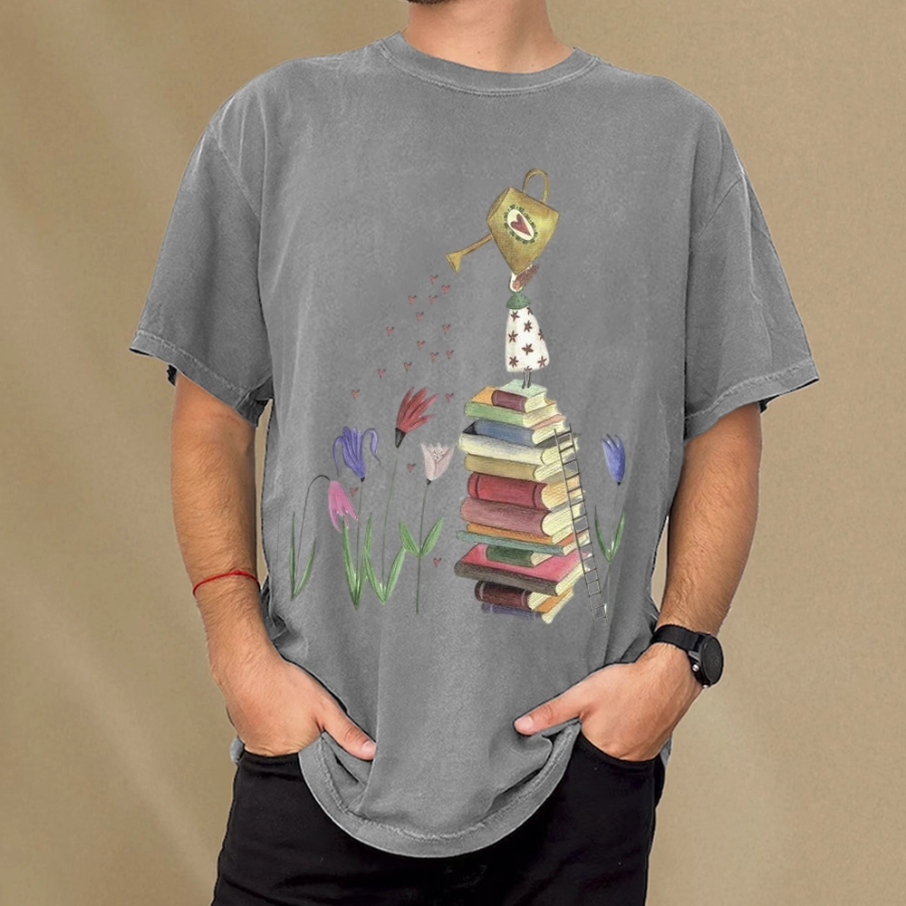 Pagewings Reading Girl Waters Flowers Unisex Washed T-shirt