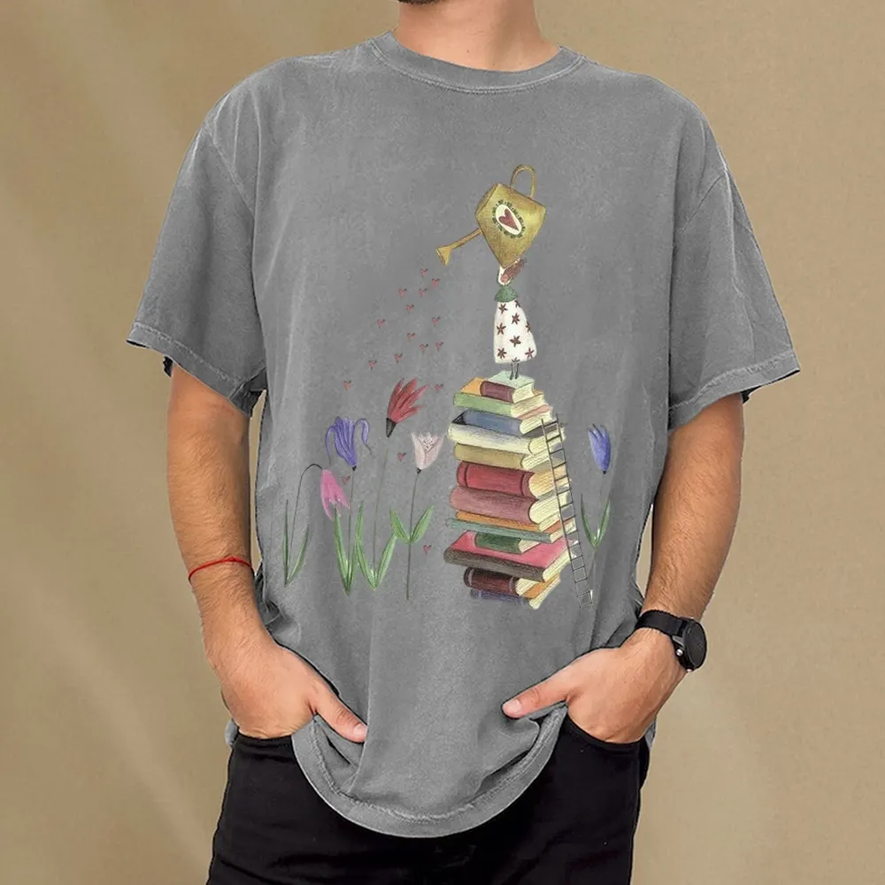 Pagewings Reading Girl Waters Flowers Unisex Washed T-shirt
