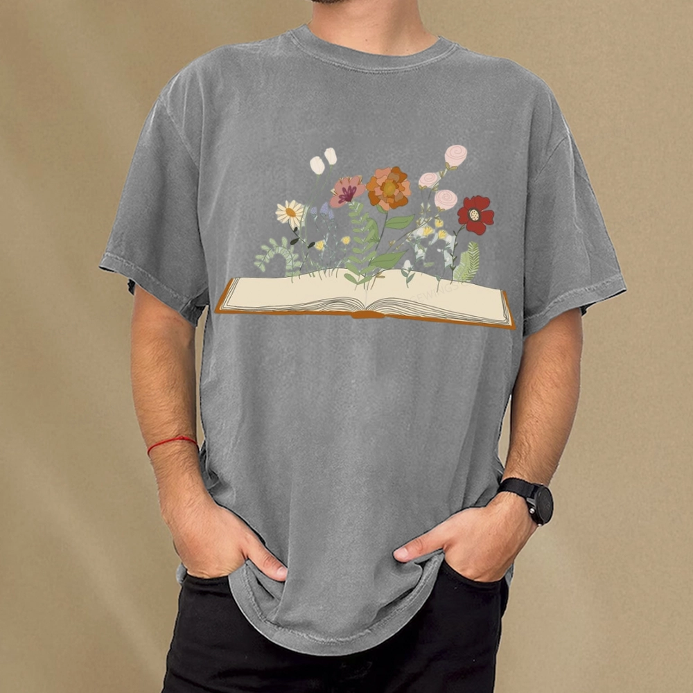 Pagewings Flowers And Books Unisex Washed T-shirt