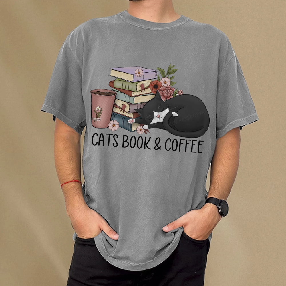 Pagewings Cats Book And Coffee Unisex Washed T-shirt