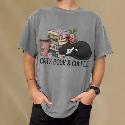 Pagewings Cats Book And Coffee Unisex Washed T-shirt