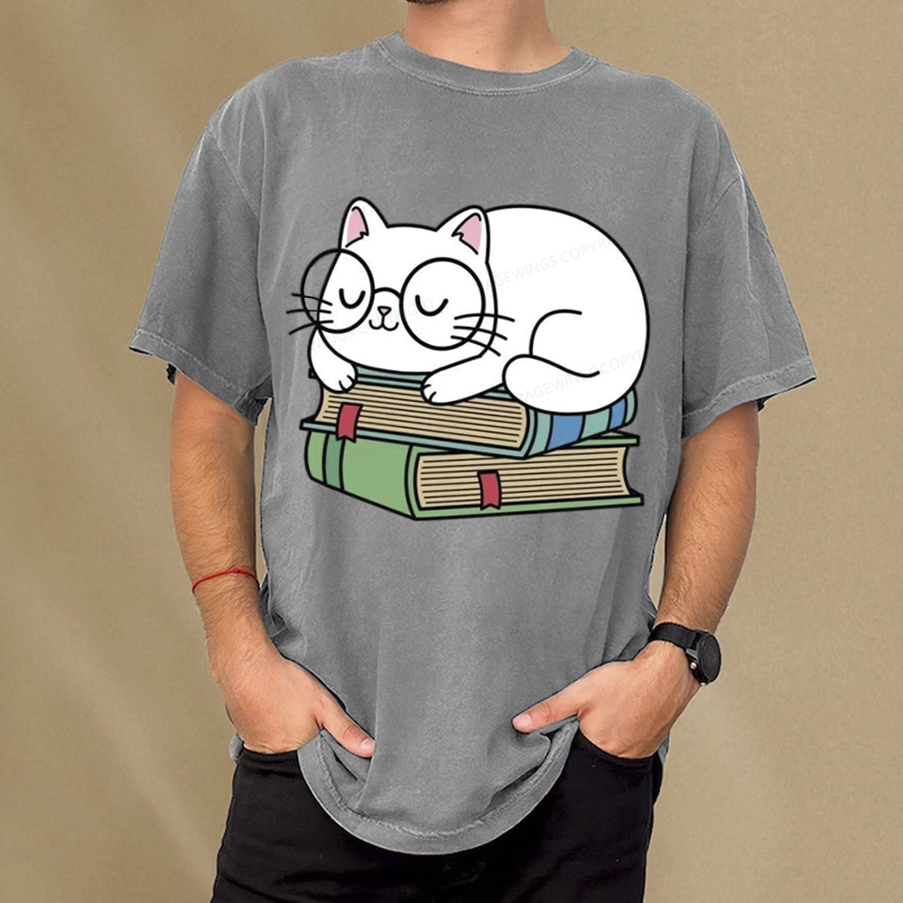 Pagewings Cat Book Reading Unisex Washed T-shirt
