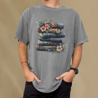Pagewings Books With Flowers Unisex Washed T-shirt