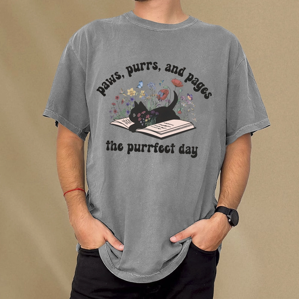 Pagewings Paws Purrs Pages Floral  Unisex Washed T-shirt