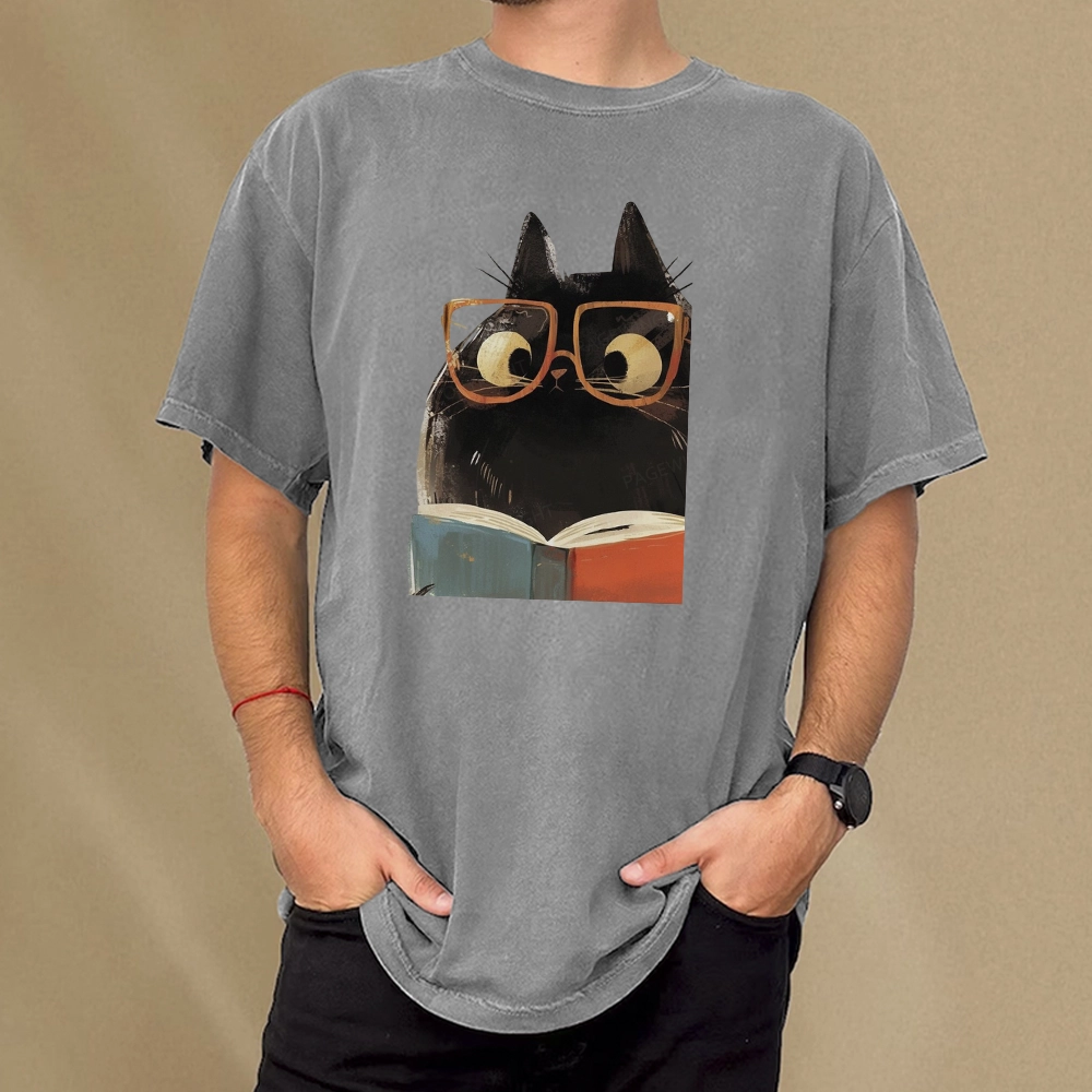 Pagewings Cute Cat Reading A Book Unisex Washed T-shirt