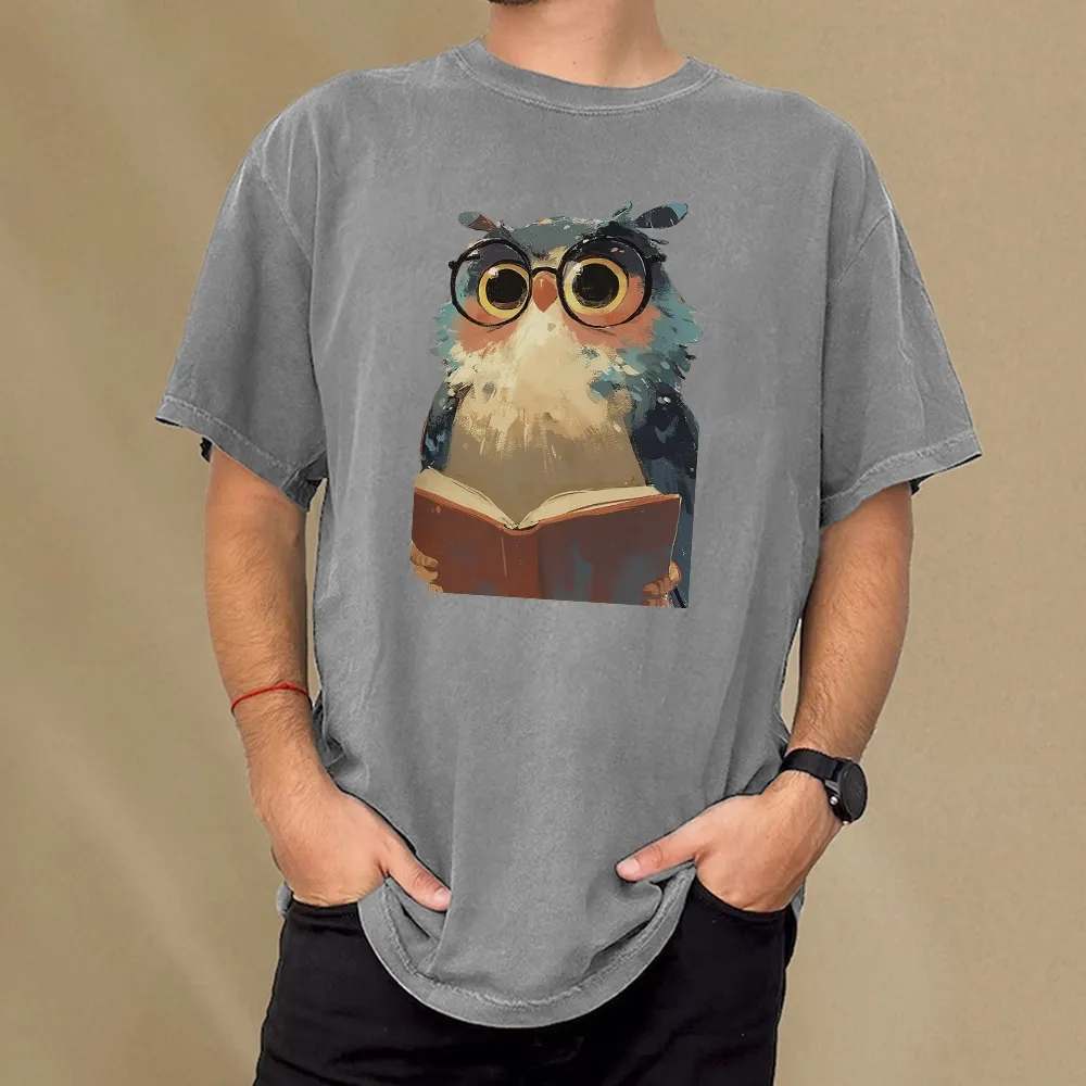 Pagewings Cute Owl Reading A Book Unisex Washed T-shirt