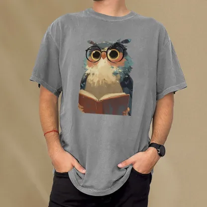 Pagewings Cute Owl Reading A Book Unisex Washed T-shirt