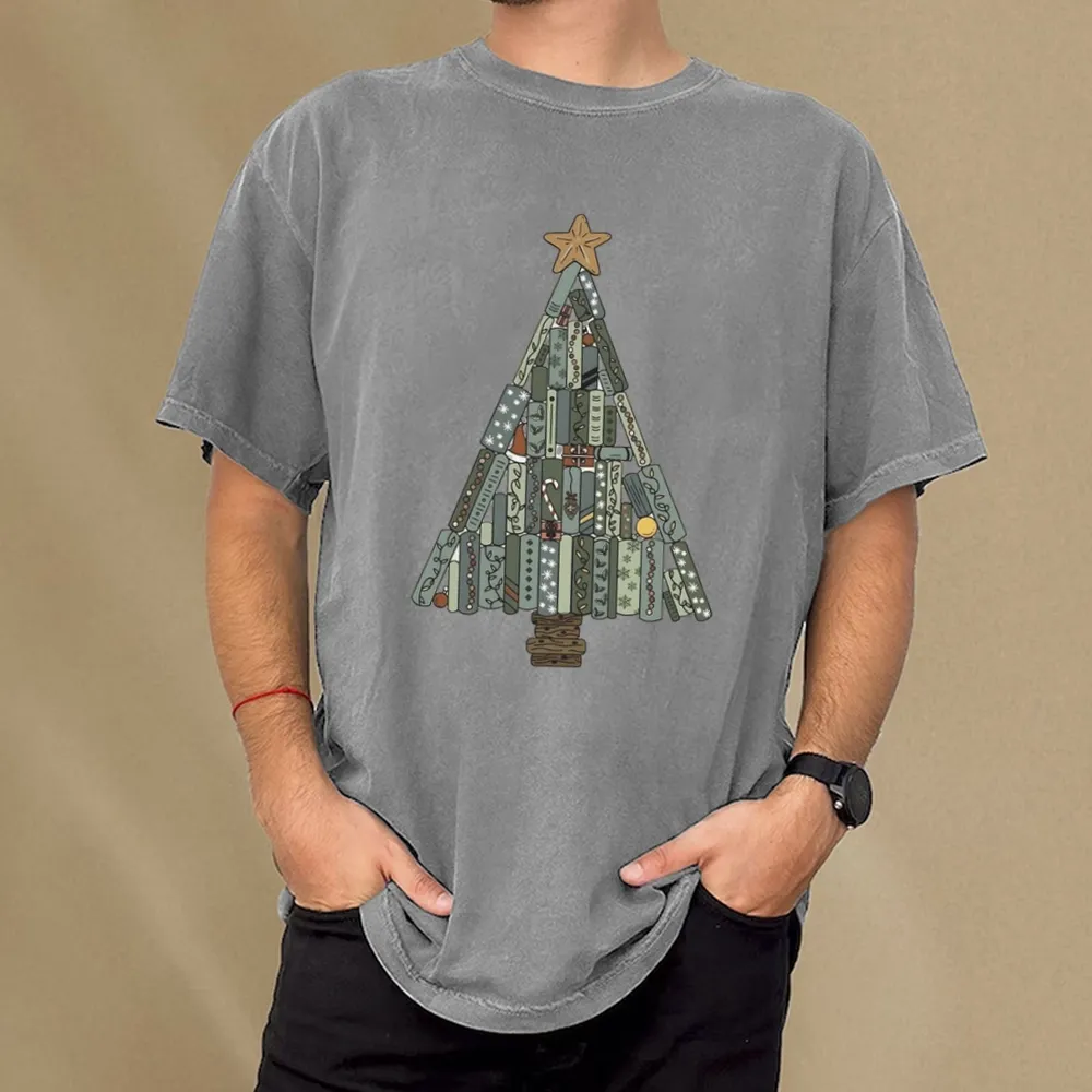 Pagewings Christmas Book Tree Unisex Washed T-shirt