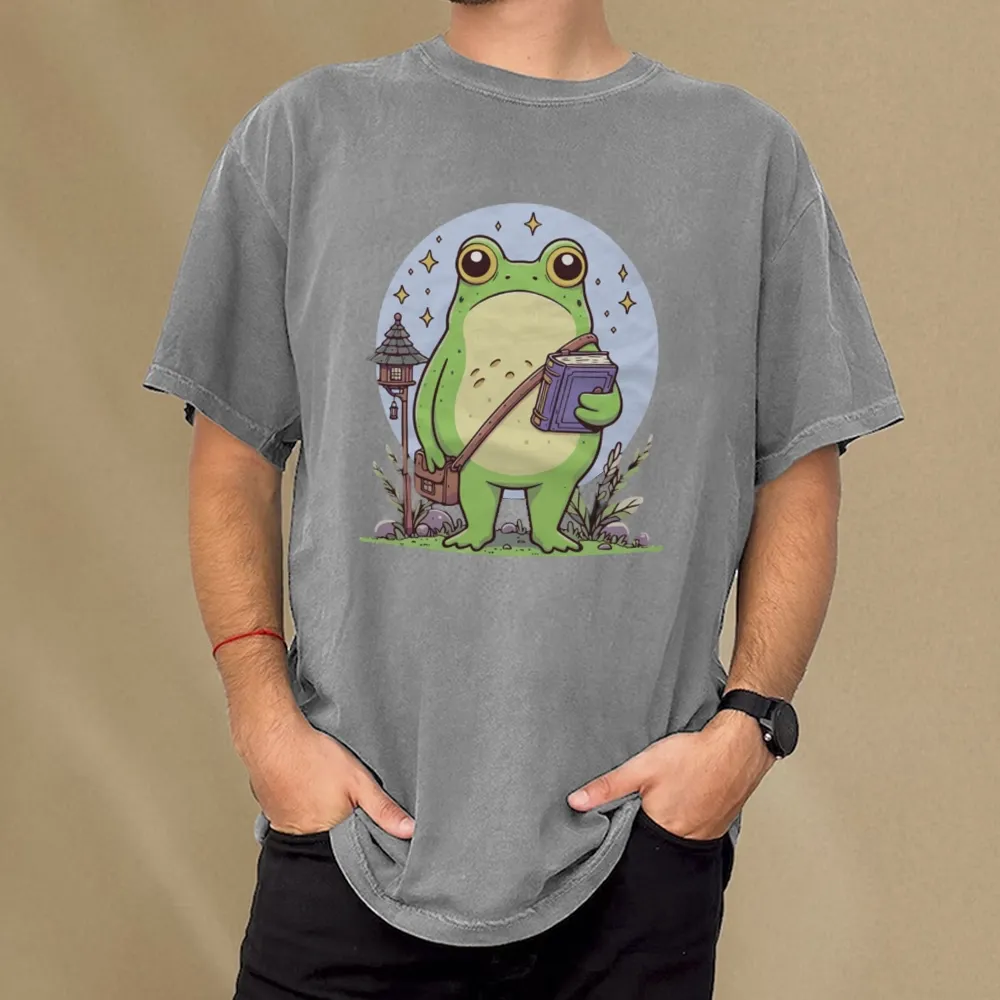 Pagewings Frog Reading Book Unisex Washed T-shirt