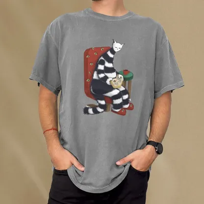 Pagewings Weird Cat Reading At Home Unisex Washed T-shirt