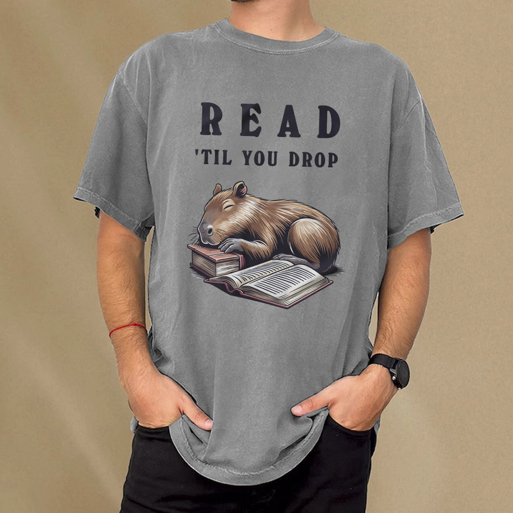 Pagewings Cute Sleeping Capybara & Books Read Unisex Washed T-shirt