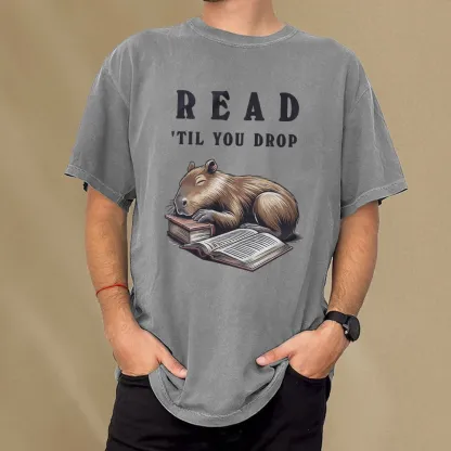 Pagewings Cute Sleeping Capybara & Books Read Unisex Washed T-shirt