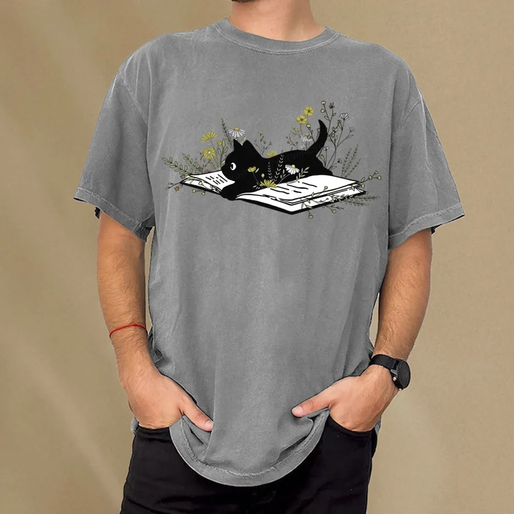Pagewings Cute Book Cat Unisex Washed T-shirt