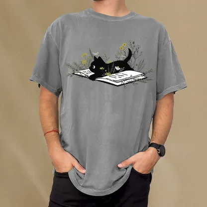 Pagewings Cute Book Cat Unisex Washed T-shirt