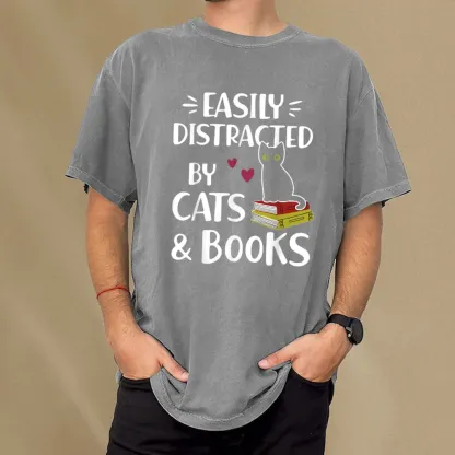 Pagewings Easily Distracted By Cats And Books Unisex Washed T-shirt