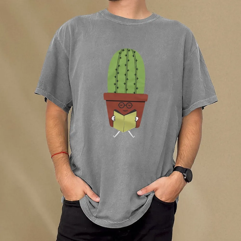 Pagewings Cute Cactus Reading Books Unisex Washed T-shirt
