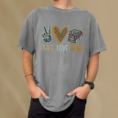 Pagewings Peace Love Read Books Unisex Washed T-shirt