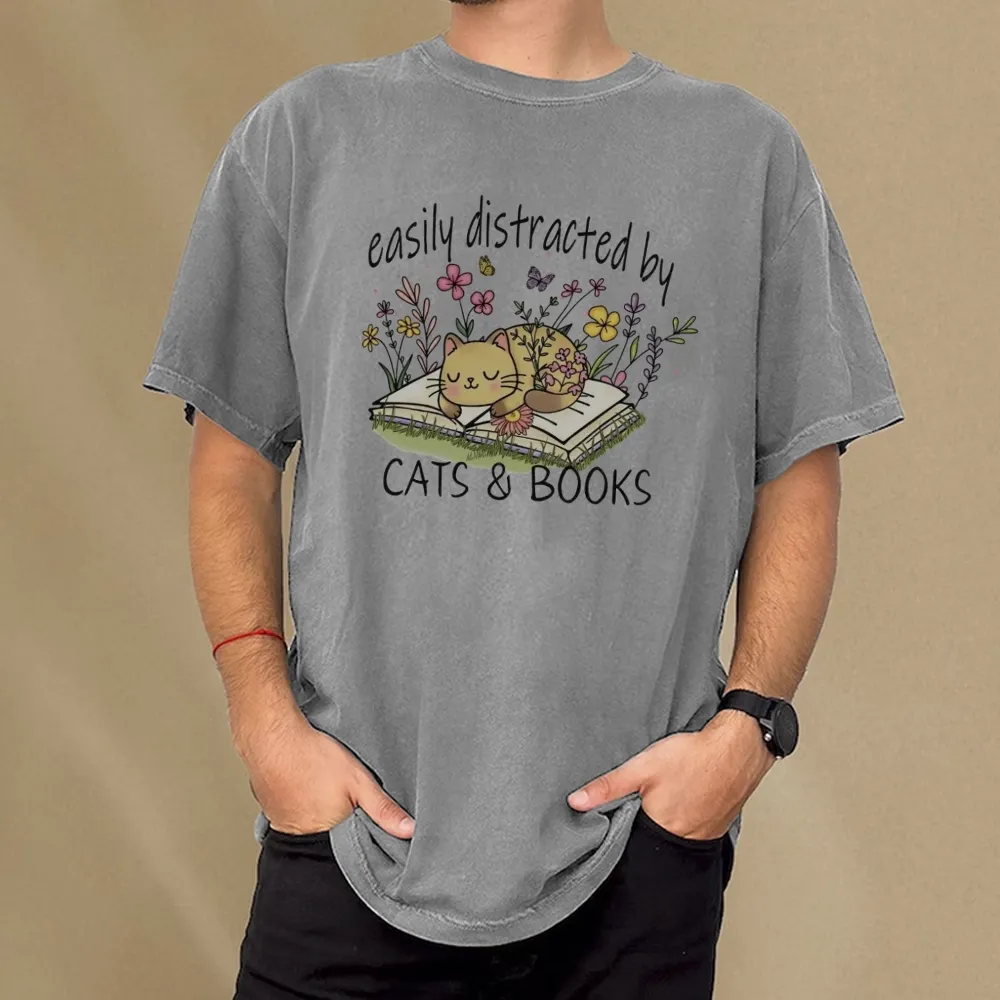 Pagewings Easily Distracted By Cats And Books Unisex Washed T-shirt