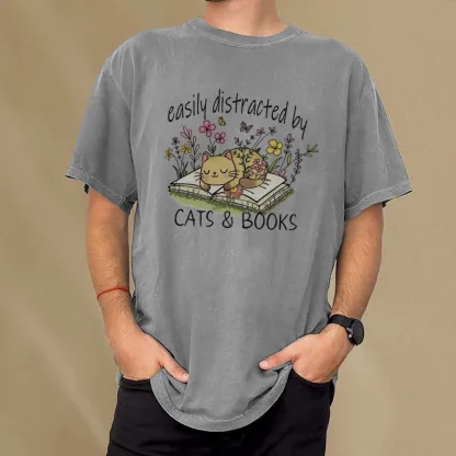 Pagewings Easily Distracted By Cats And Books Unisex Washed T-shirt