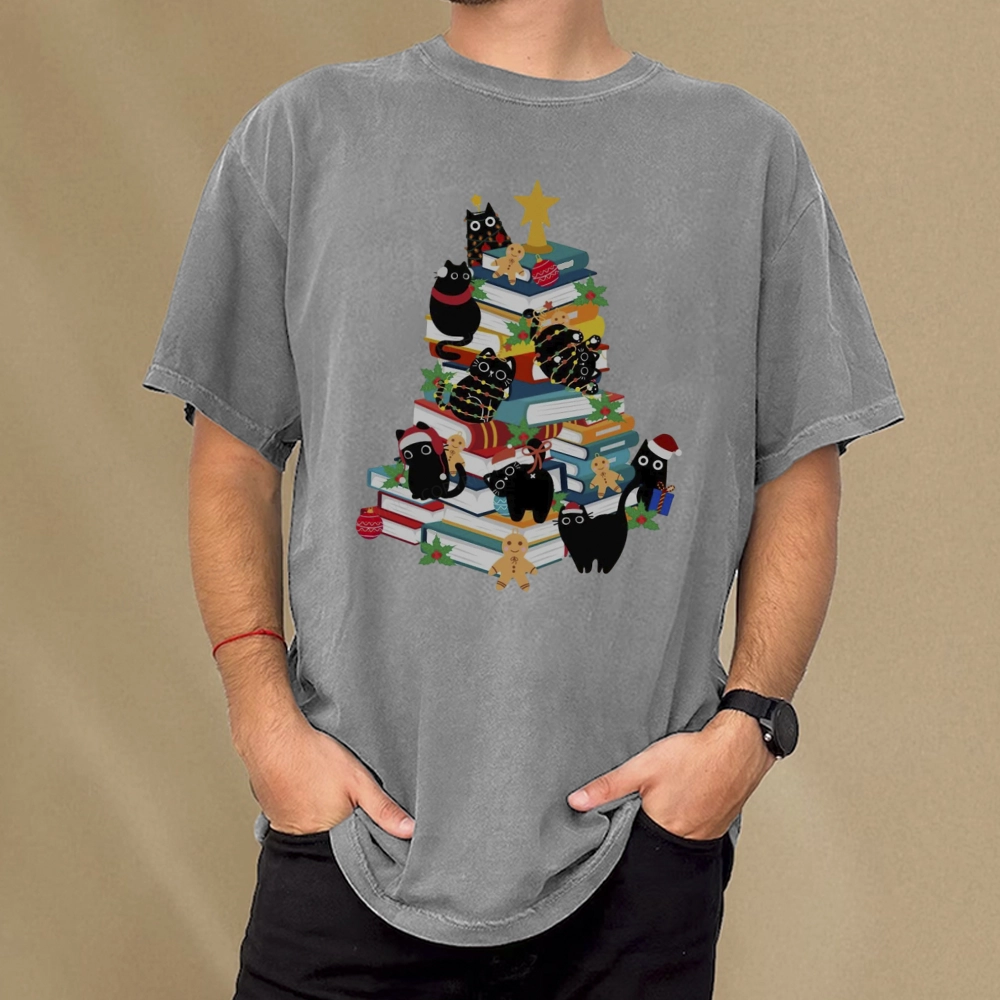 Pagewings Cute Cats Books Christmas Tree Unisex Washed T-shirt