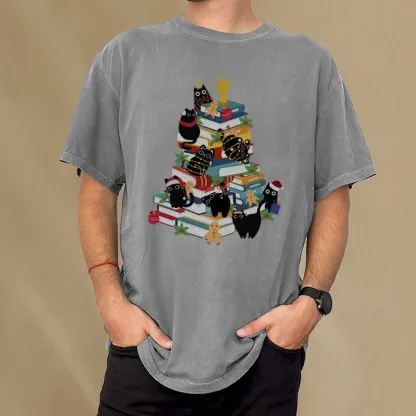 Pagewings Cute Cats Books Christmas Tree Unisex Washed T-shirt
