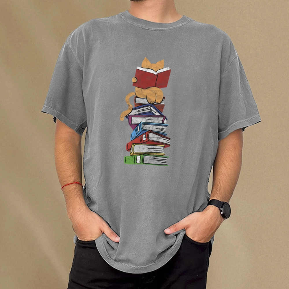 Pagewings Funny Kitten Pet Bookworm Reader Unisex Washed T-shirt