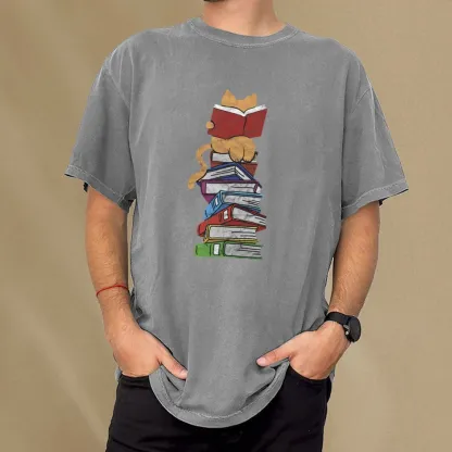 Pagewings Funny Kitten Pet Bookworm Reader Unisex Washed T-shirt