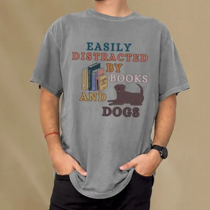 Pagewings Easily Distracted By Books And Labrador Unisex Washed T-shirt