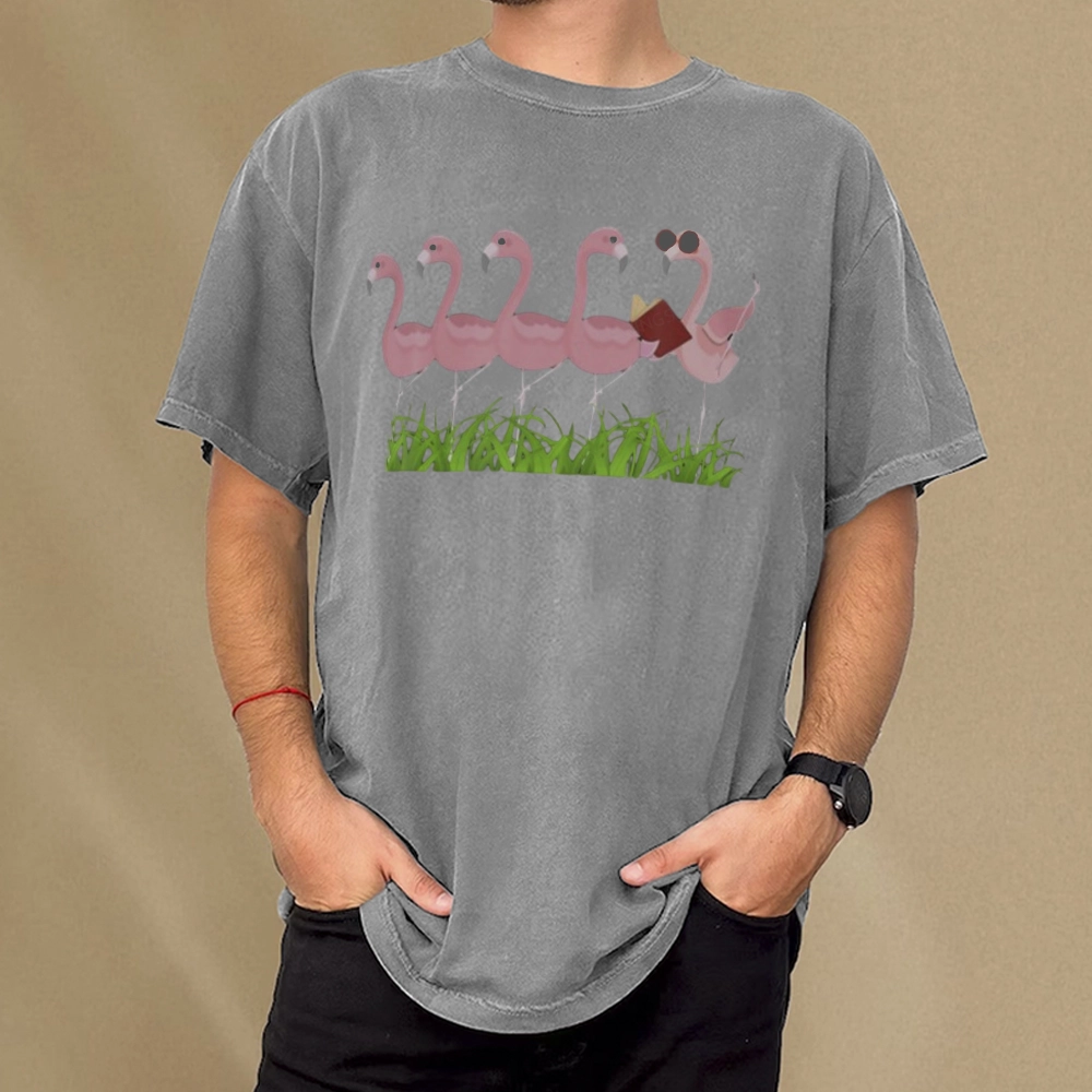Pagewings Funny Flamingo Reading Book Unisex Washed T-shirt