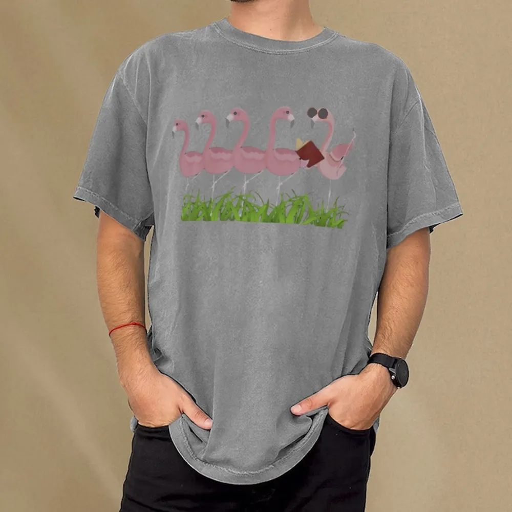 Pagewings Funny Flamingo Reading Book Unisex Washed T-shirt