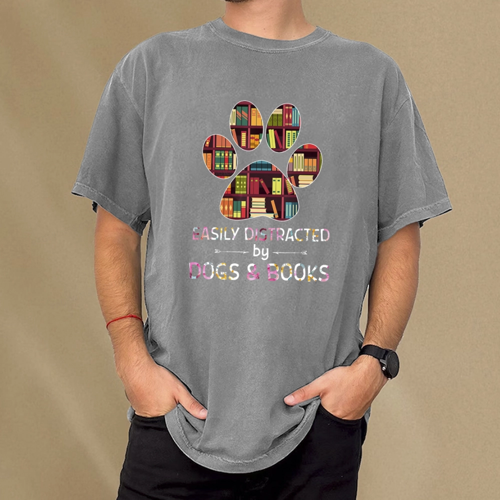 Pagewings Easily Distracted By Dogs And Books Unisex Washed T-shirt