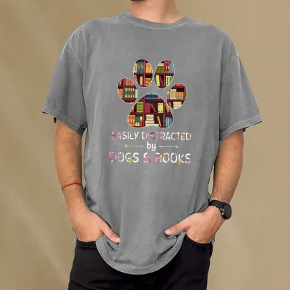 Pagewings Easily Distracted By Dogs And Books Unisex Washed T-shirt