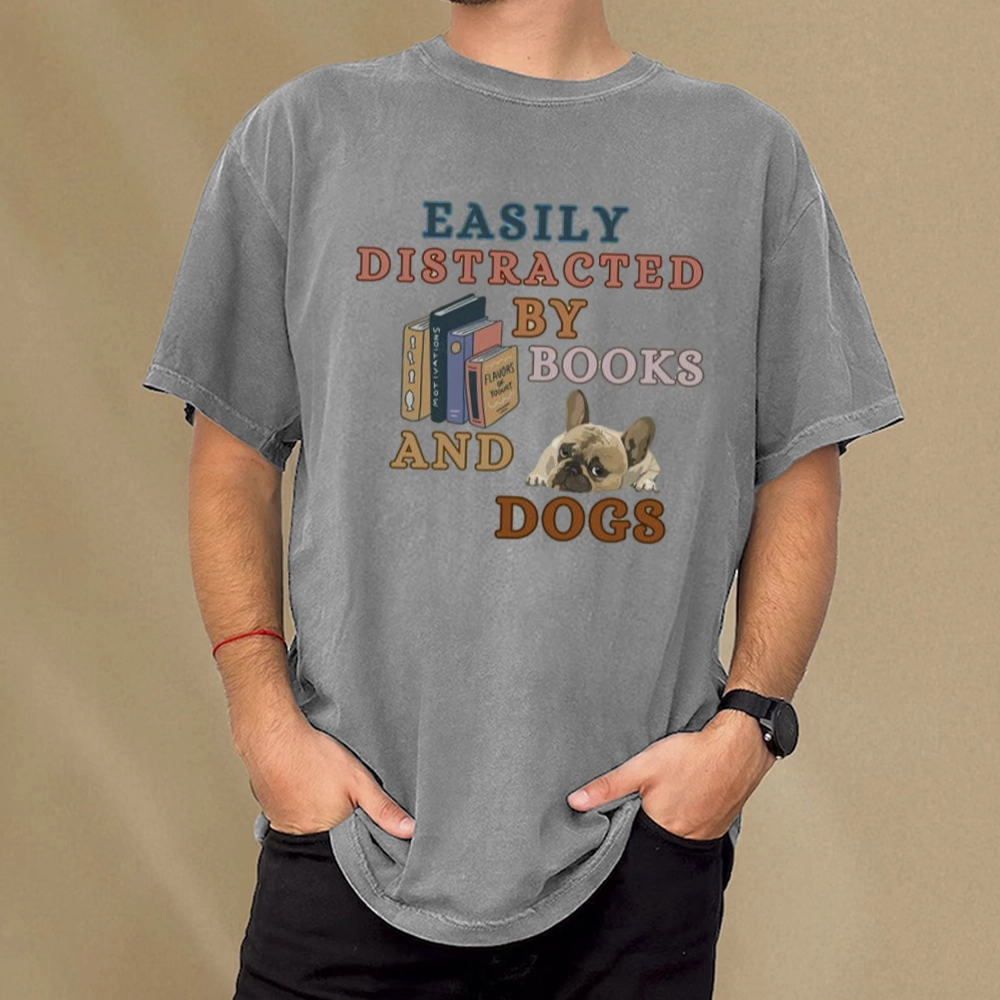 Pagewings Easily Distracted By Books And Dogs Unisex Washed T-shirt