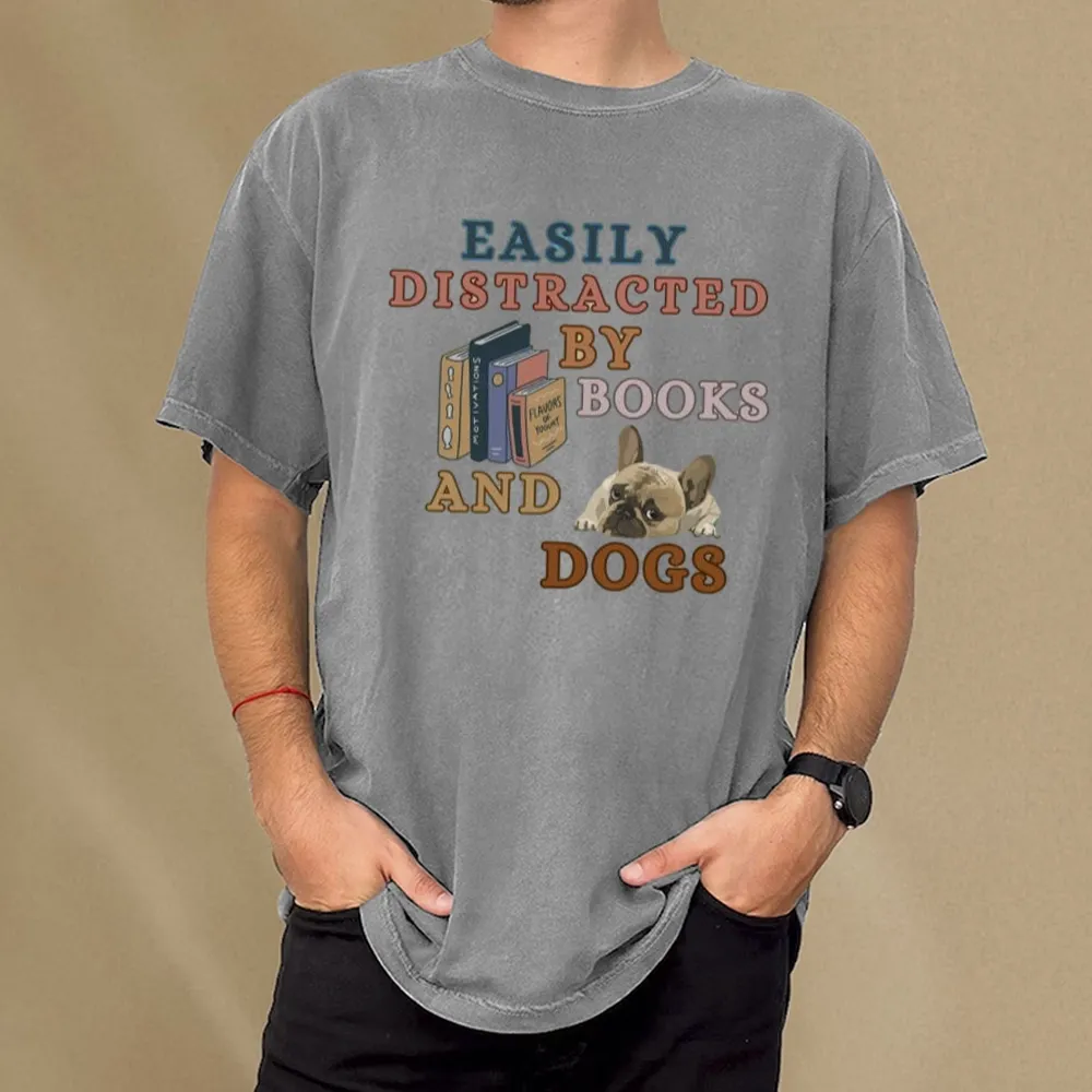 Pagewings Easily Distracted By Books And Dogs Unisex Washed T-shirt