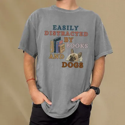 Pagewings Easily Distracted By Books And Dogs Unisex Washed T-shirt