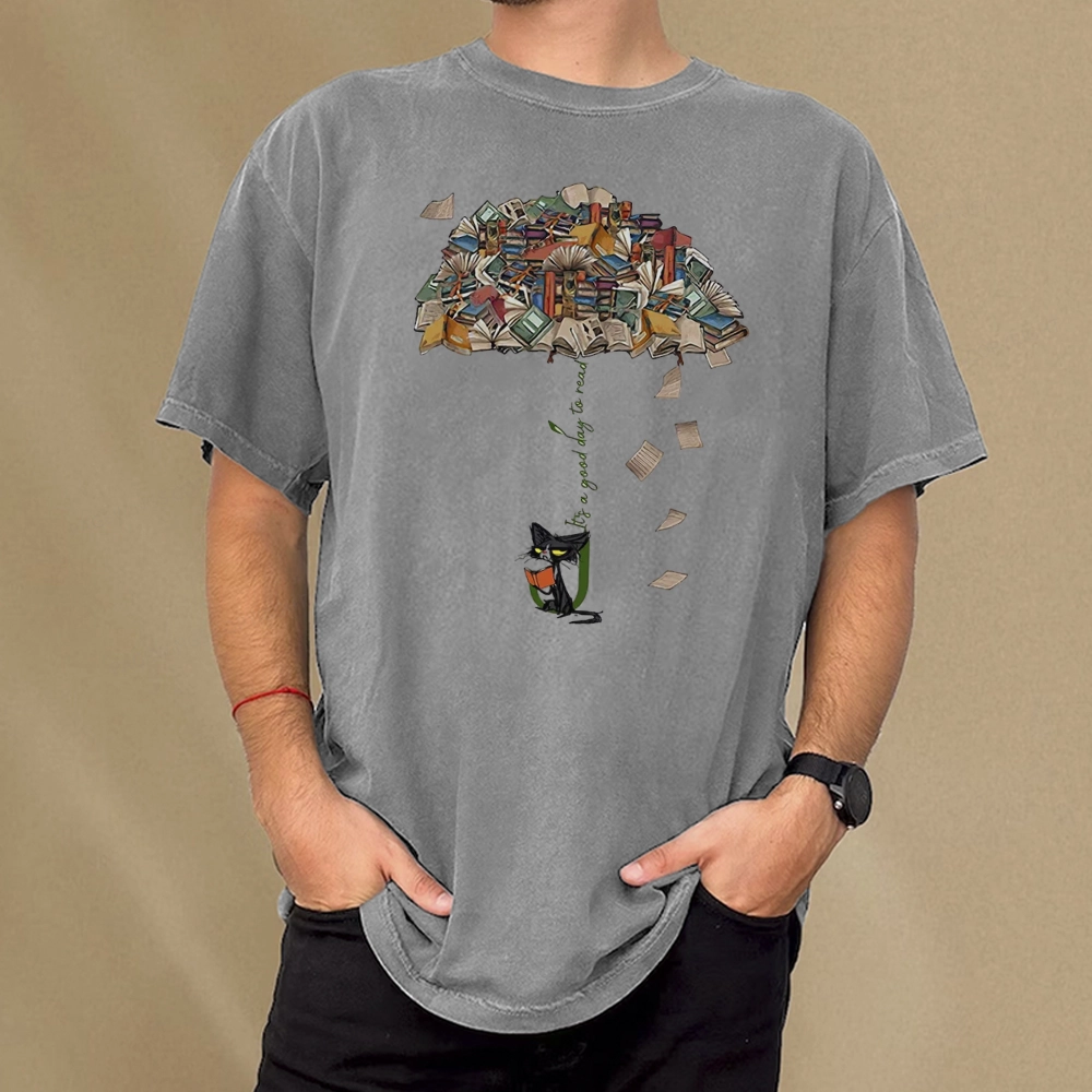 Pagewings It's A Good Day To Read Umbrella Cat Unisex Washed T-shirt