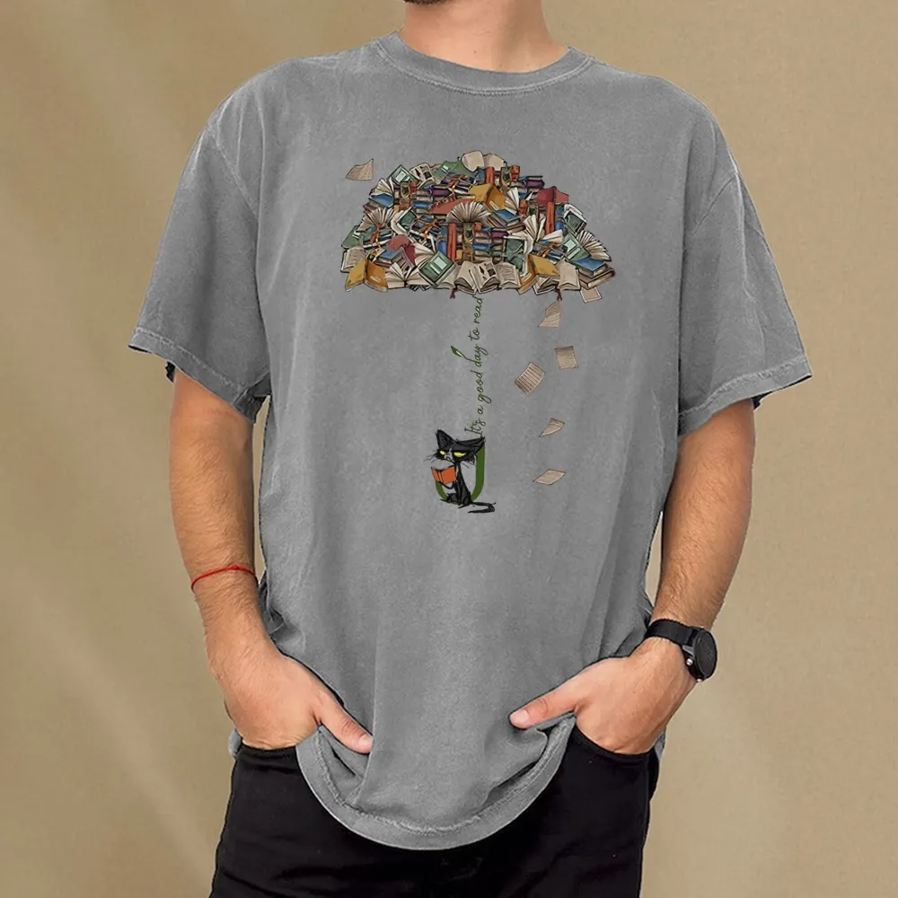 Pagewings It's A Good Day To Read Umbrella Cat Unisex Washed T-shirt
