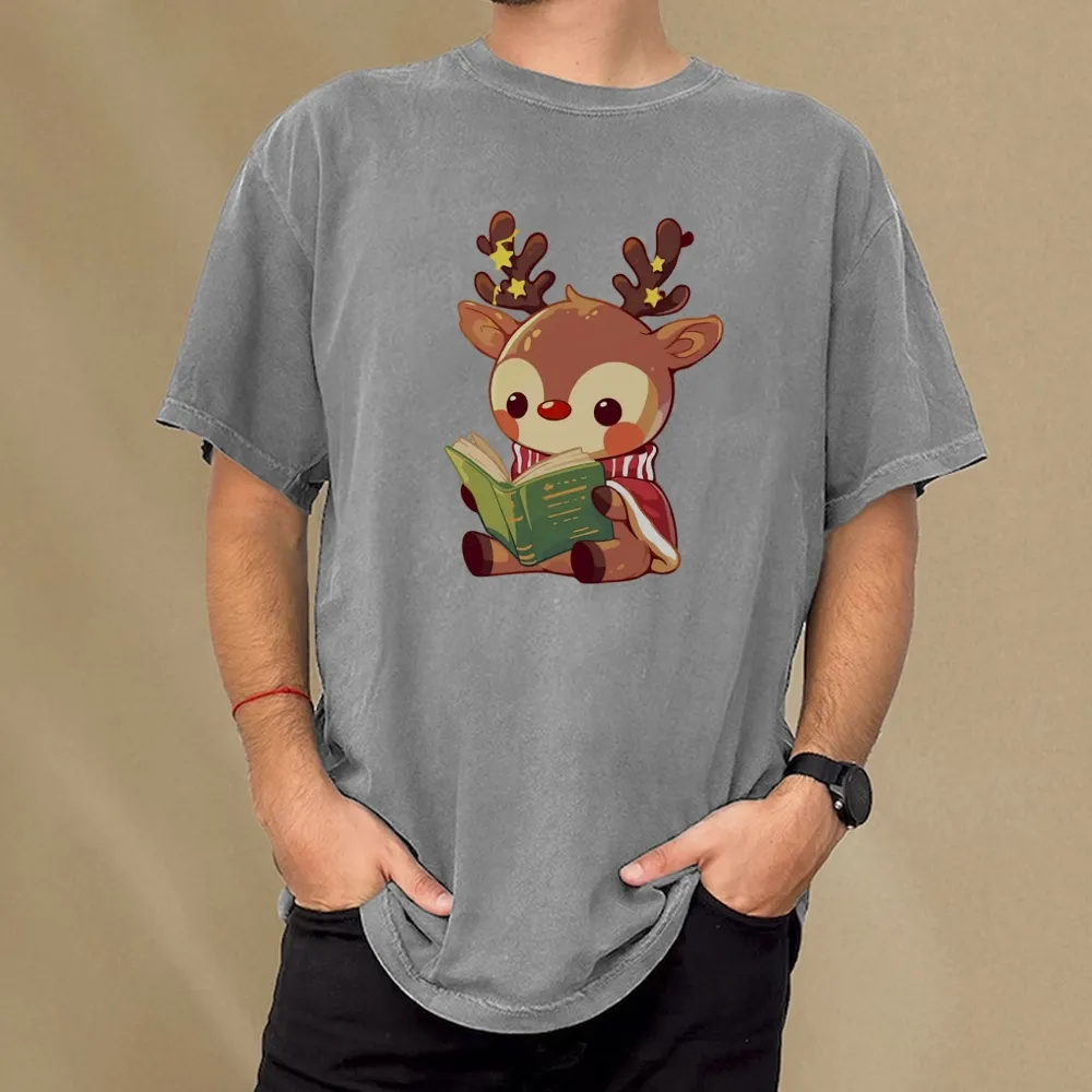 Pagewings Cute Bookish Reindeer Unisex Washed T-shirt