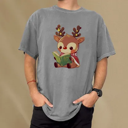 Pagewings Cute Bookish Reindeer Unisex Washed T-shirt