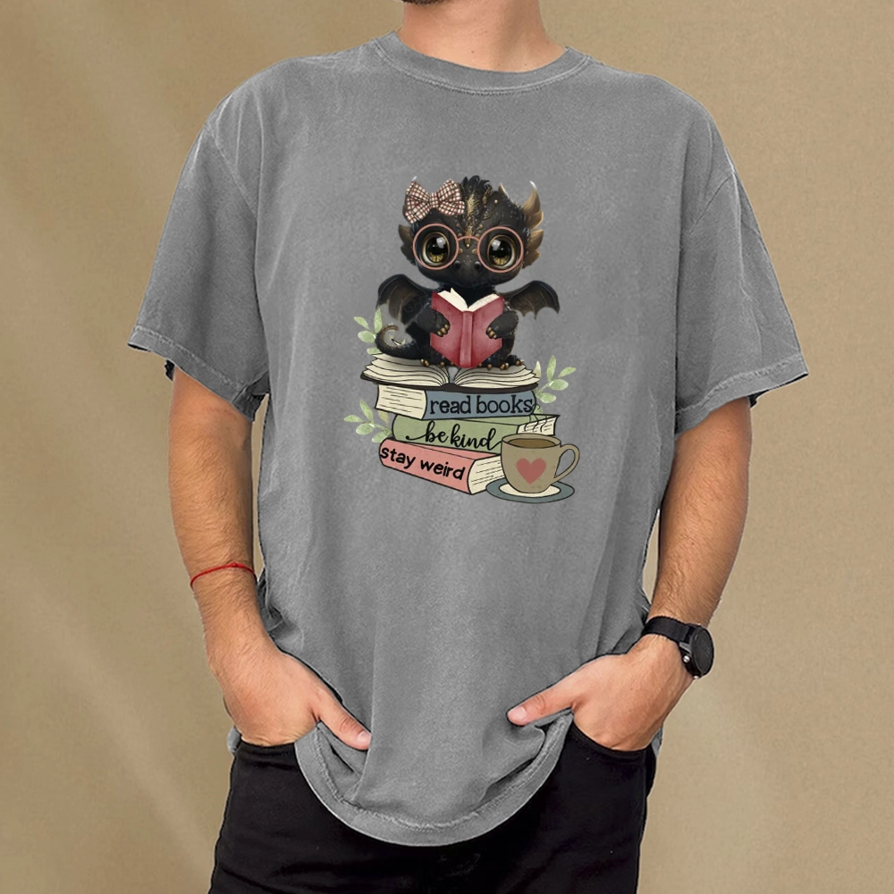 Pagewings Cute Dragon Read Books Be Kind Stay Weird Unisex Washed T-shirt
