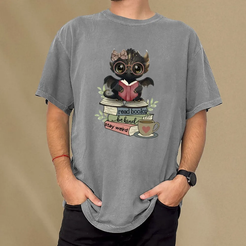 Pagewings Cute Dragon Read Books Be Kind Stay Weird Unisex Washed T-shirt