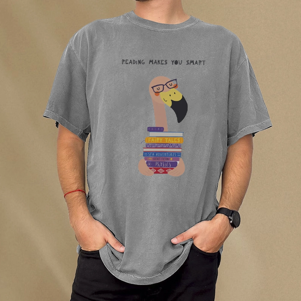 Pagewings Flamingo Reading Makes You Smart Unisex Washed T-shirt
