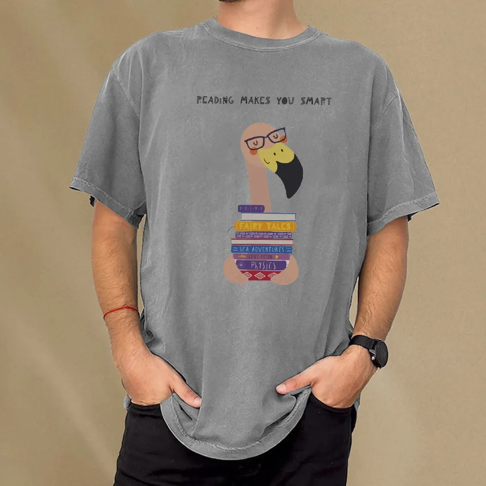 Pagewings Flamingo Reading Makes You Smart Unisex Washed T-shirt