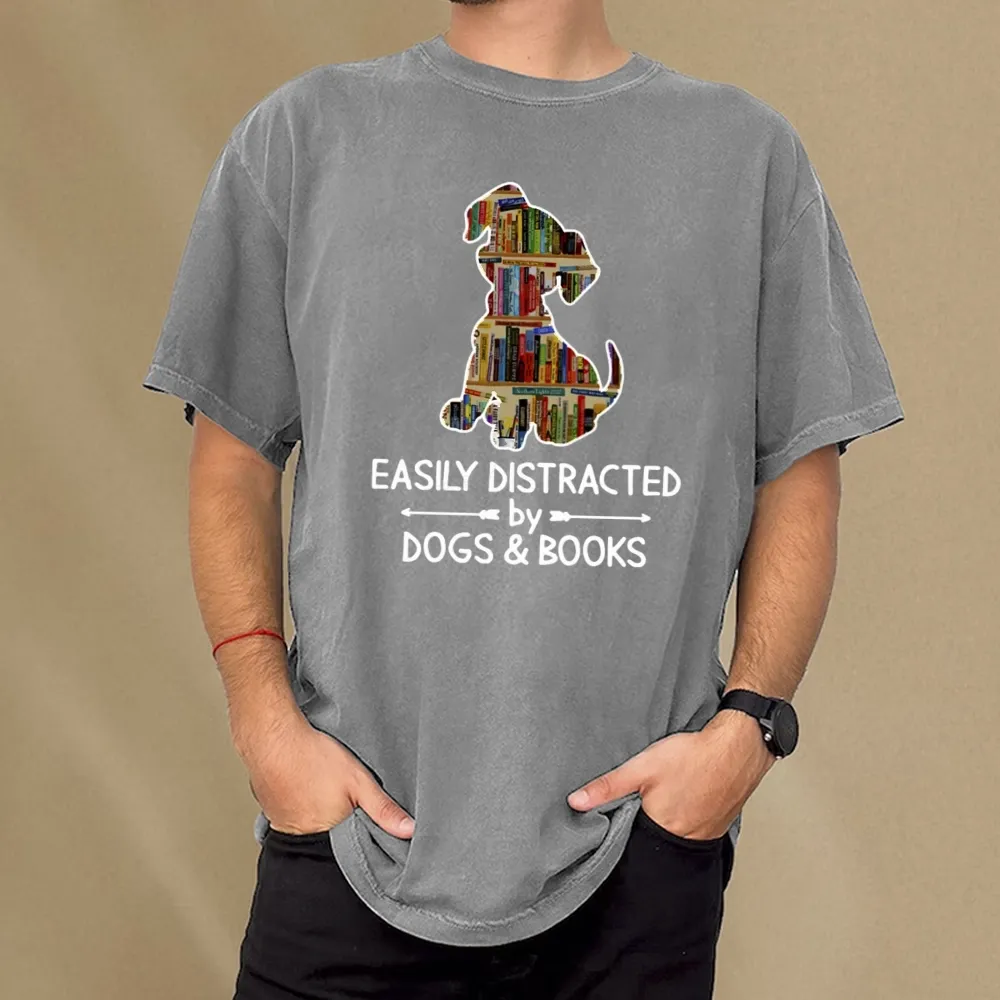 Pagewings Easily Distracted By Dogs And Books Unisex Washed T-shirt