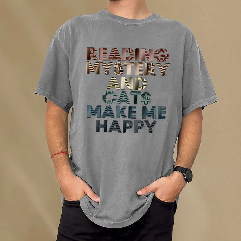 Pagewings Reading Mystery And Cats Make Me Happy Unisex Washed T-shirt